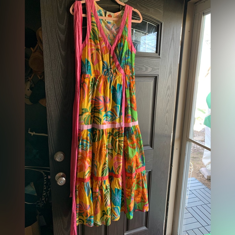 Farm Rio by Anthropologie Palm wrap maxi dress size S. Vibrant colored w belt - Picture 10 of 16